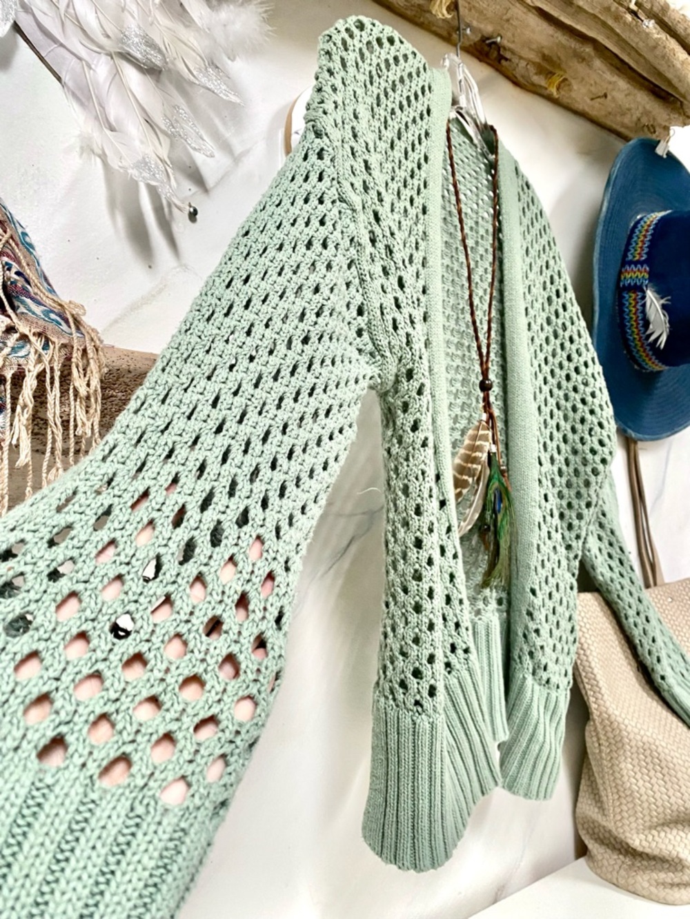 Mesh Sage green Semi sheer crochet/cover up boho Cardi w shabby chic beach vibe - Picture 11 of 15